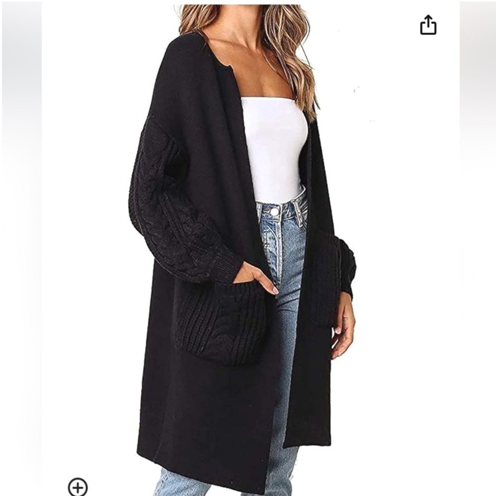 Zara Cable Knit Sleeve Cardigan Sweater Womens S Black Open Front Cozy Duster